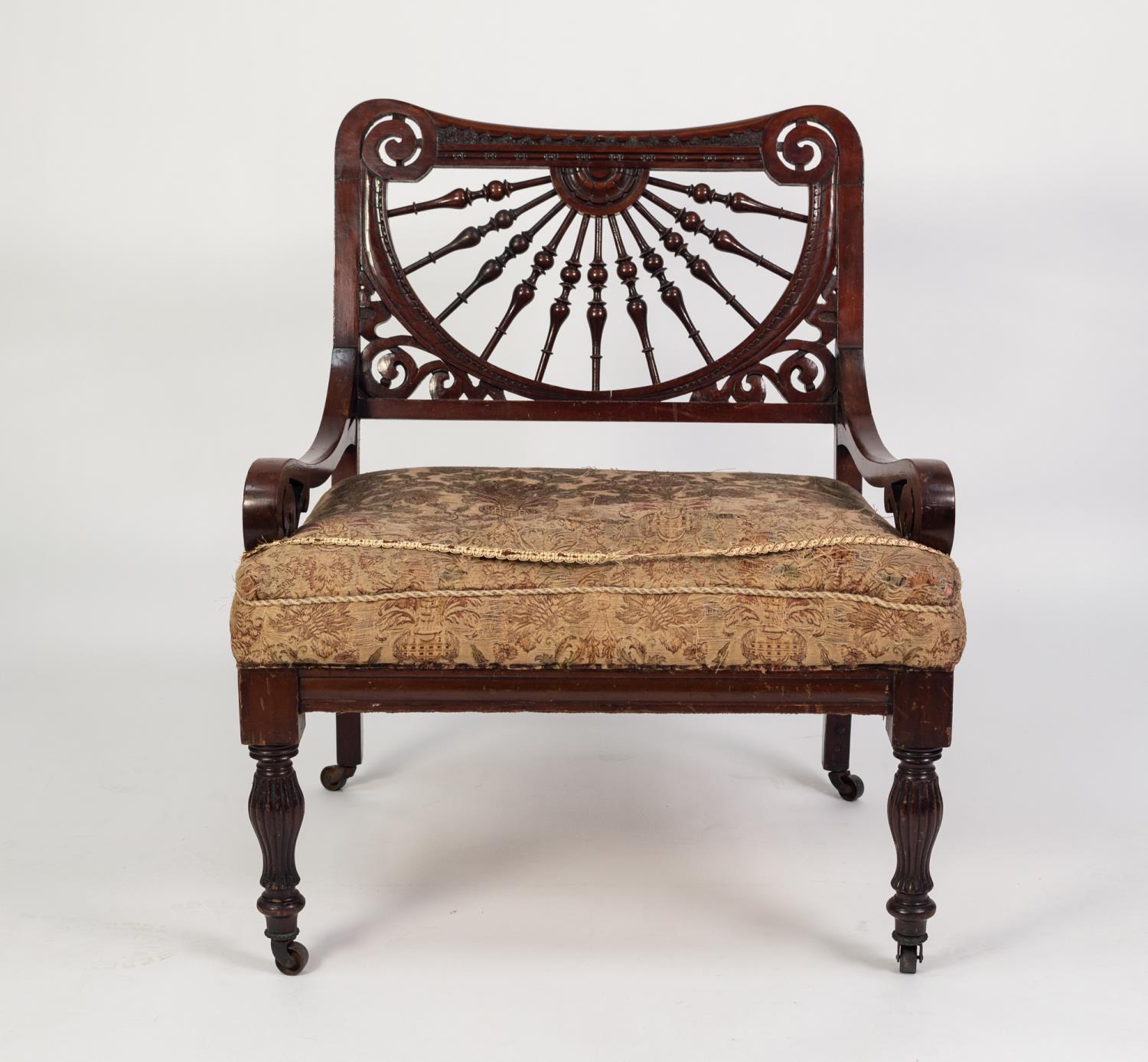 ARTS AND CRAFTS CARVED MAHOGANY AND STAINED FRUITWOOD OCCASIONAL/ NURSING CHAIR, the low back with - Image 2 of 4