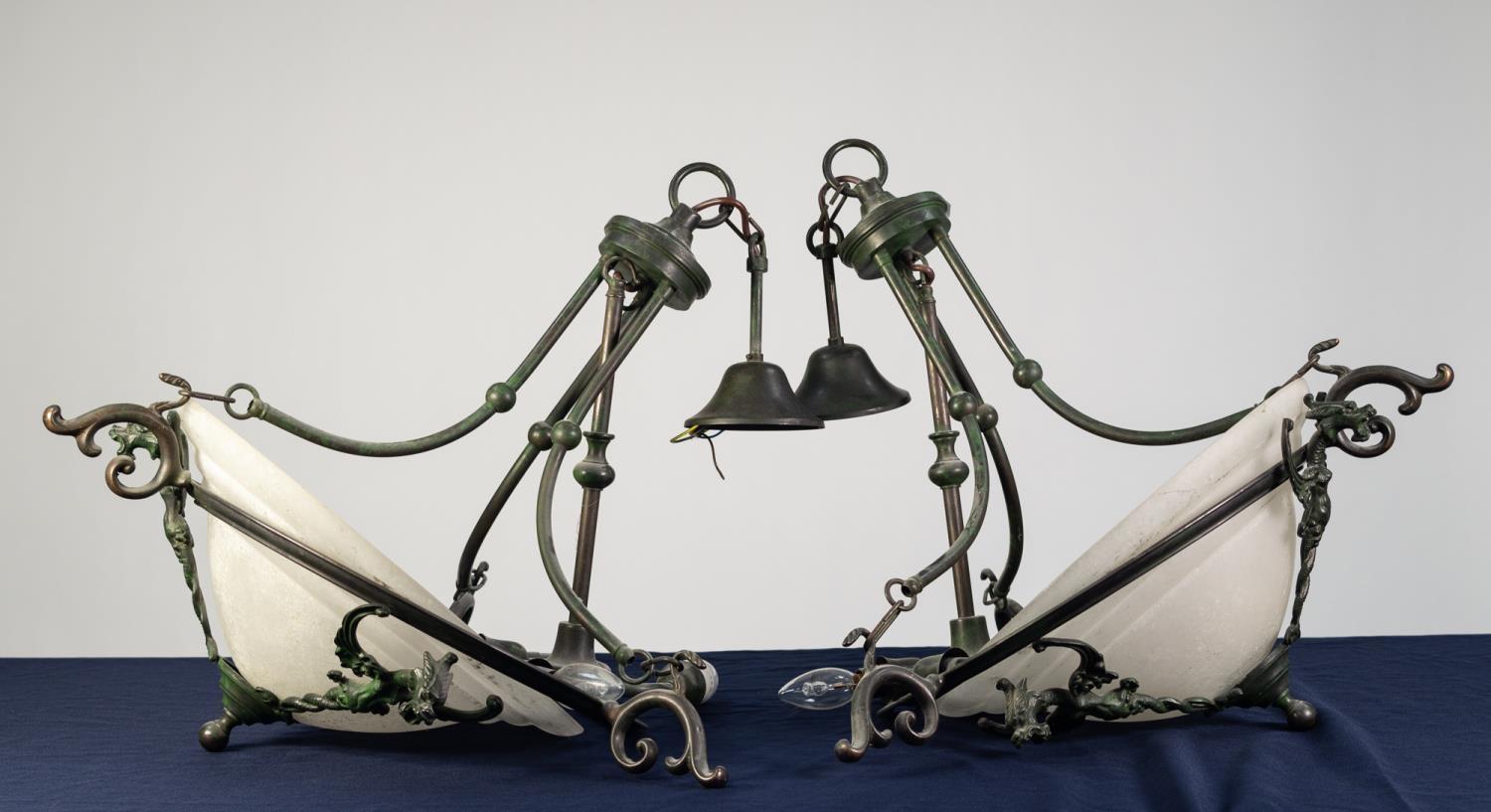 PAIR OF EARLY 20th CENTURY GREEN PATINATED METAL CEILING LIGHTS, the inverted mushroom pattern