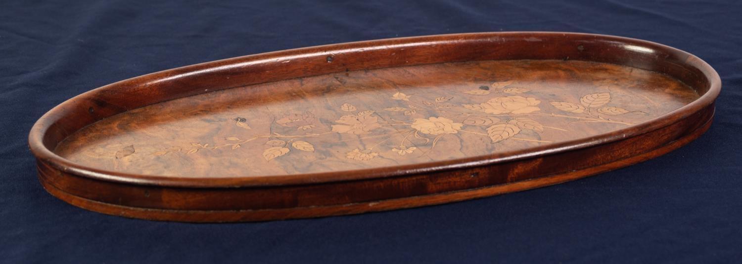 20th CENTURY MARQUETRY INLAID OVAL BURR WALNUTWOOD TRAY, the plain gallery border with turned over