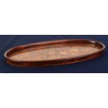 20th CENTURY MARQUETRY INLAID OVAL BURR WALNUTWOOD TRAY, the plain gallery border with turned over