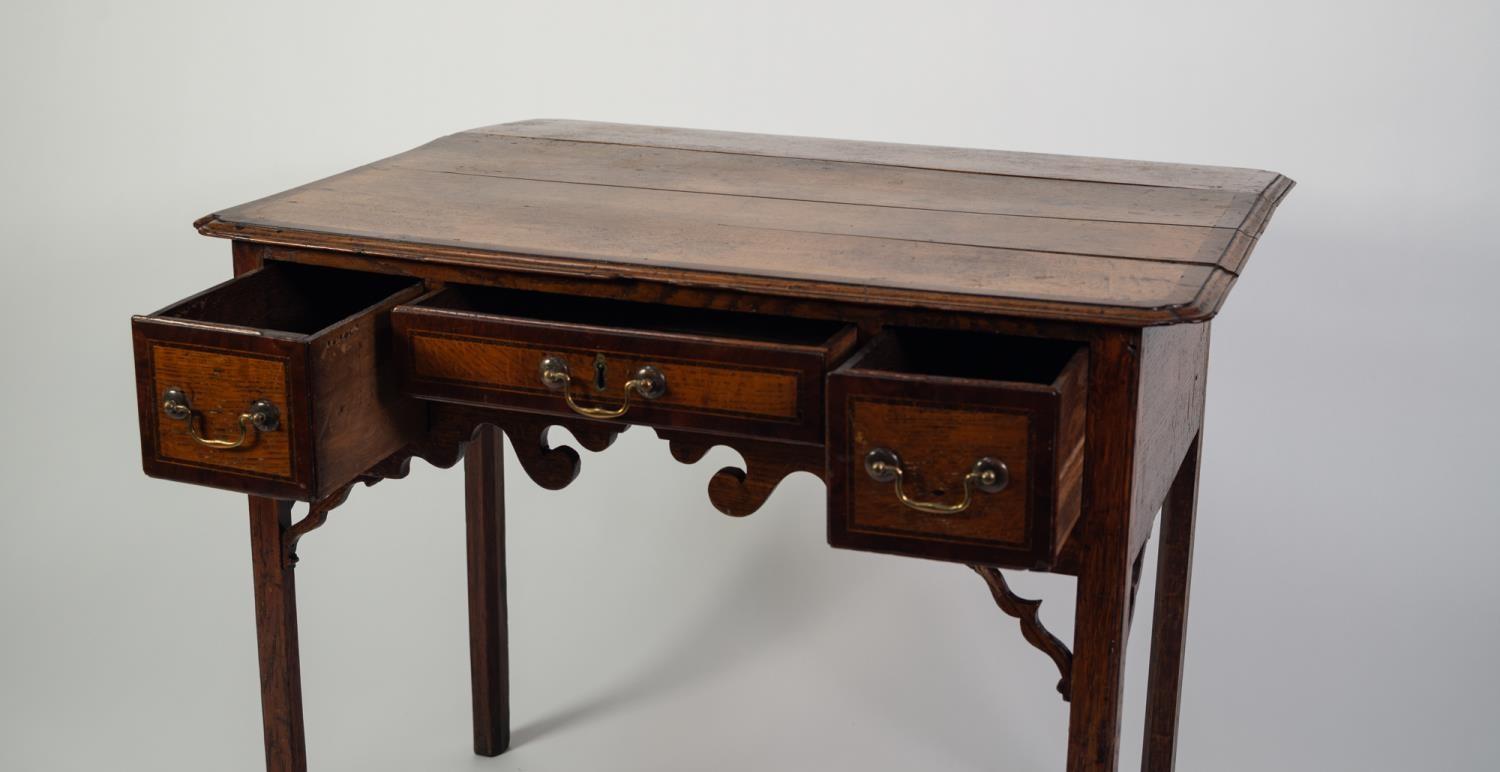 GEORGE III MAHOGANY CROSSBANDED OAK LOW BOY, the moulded top with in-turned fore corners and fall- - Image 3 of 3