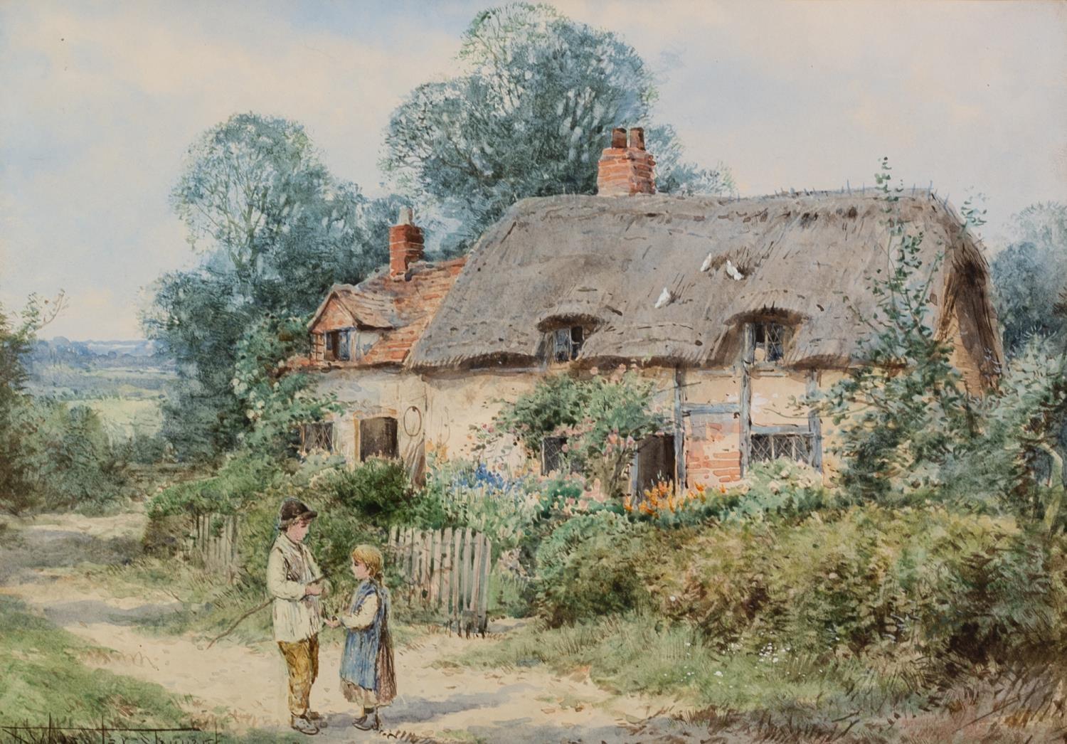 HENRY JOHN SYLVESTER STANNARD R.B.A. (1870 - 1951)PAIR OF WATERCOLOURS Figures before thatched