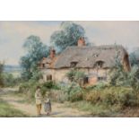 HENRY JOHN SYLVESTER STANNARD R.B.A. (1870 - 1951)PAIR OF WATERCOLOURS Figures before thatched