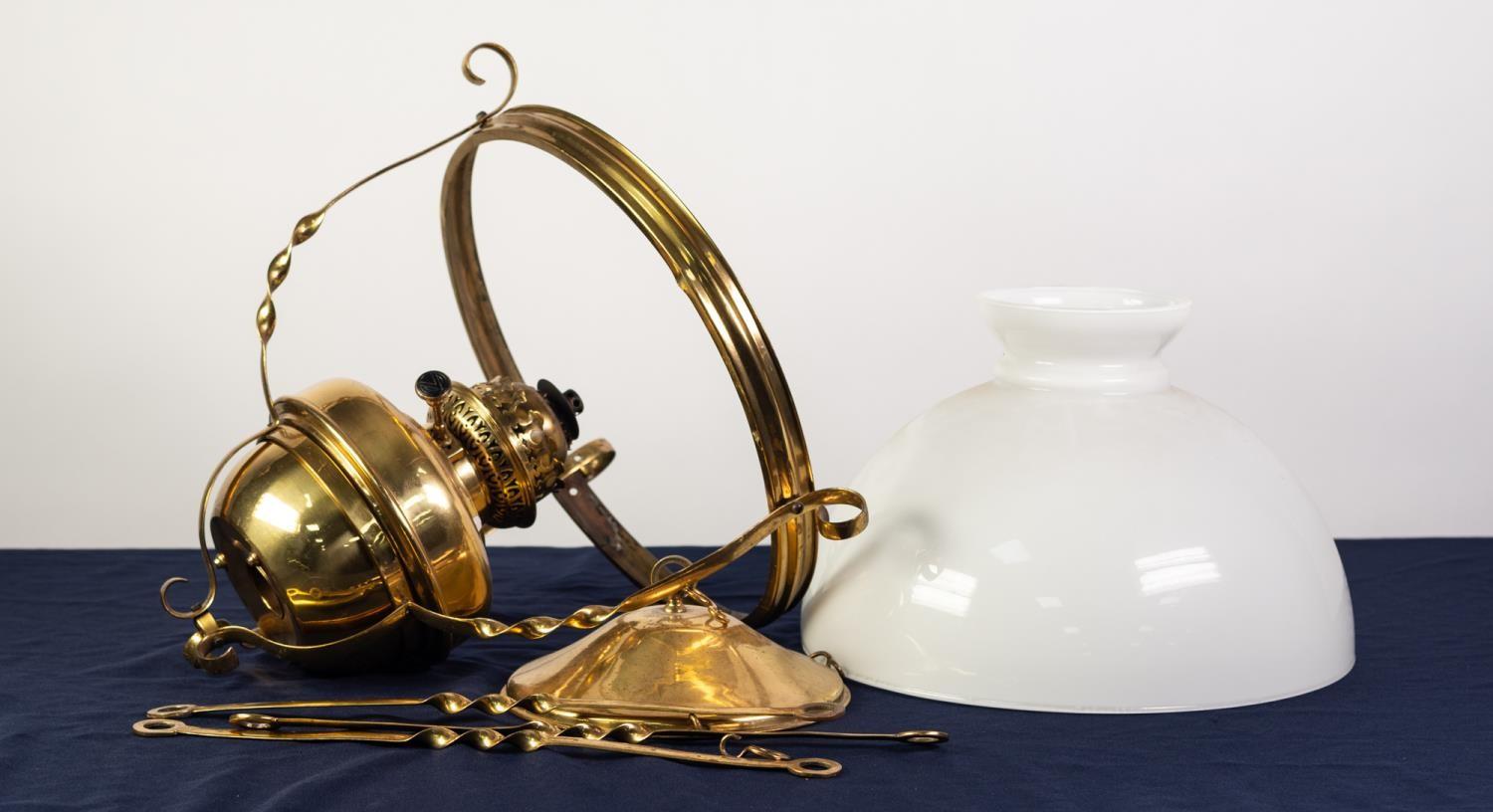 EARLY 20th CENTURY BRASS CEILING SUSPENDED OIL LAMP with opaque white glass shade