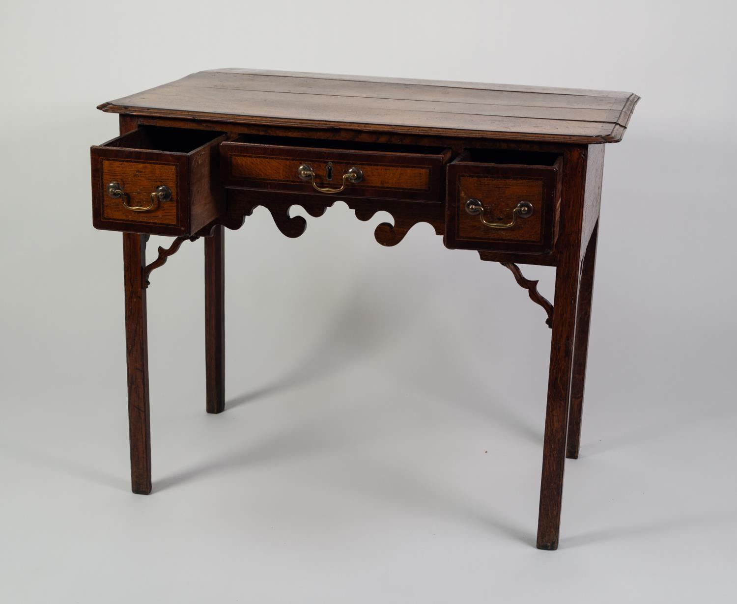 GEORGE III MAHOGANY CROSSBANDED OAK LOW BOY, the moulded top with in-turned fore corners and fall- - Image 2 of 3