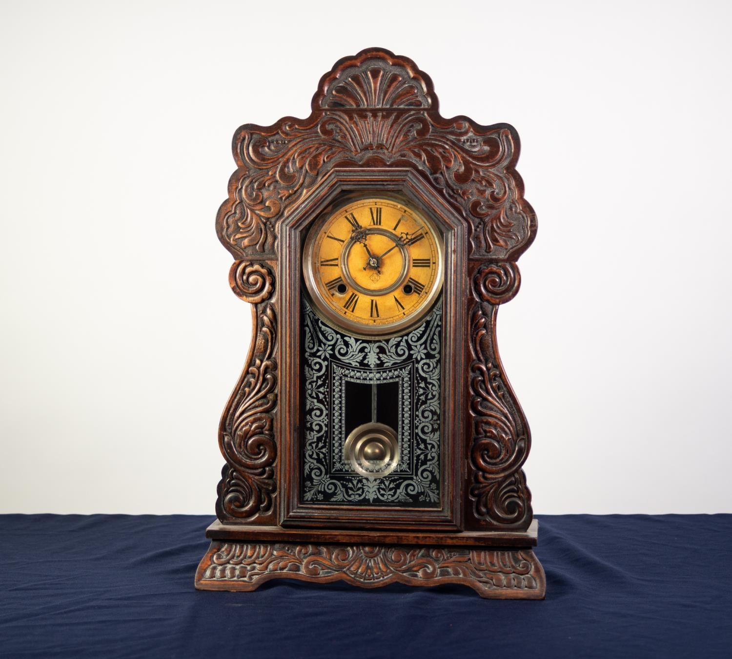 ANSONIA CLOCK CO., NEW YORK, USA, LATE 19th/EARLY 20th CENTURY SHELF CLOCK, with typical stained