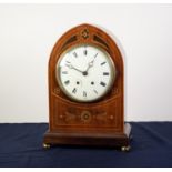 EARLY 20th CENTURY, LATE GEORGIAN STYLE, INLAID MAHOGANY LANCET ARCH TOP MANTEL CLOCK, with French 8