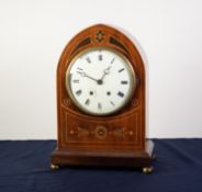 EARLY 20th CENTURY, LATE GEORGIAN STYLE, INLAID MAHOGANY LANCET ARCH TOP MANTEL CLOCK, with French 8