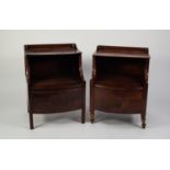 TWO SIMILAR GEORGIAN MAHOGANY BOW FRONTED BEDSIDE NIGHT COMMODES, each with short back and hinged
