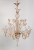 TWENTIETH CENTURY MURANO LATTICINO SIX LIGHT ELECTROLIER, in white gauze and twisted pink ribbon,