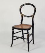 VICTORIAN BLACK LACQUERED, GILT PAINTED AND MOTHER OF PEARL INLAID BEDROOM CHAIR, the open waisted