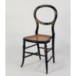 VICTORIAN BLACK LACQUERED, GILT PAINTED AND MOTHER OF PEARL INLAID BEDROOM CHAIR, the open waisted