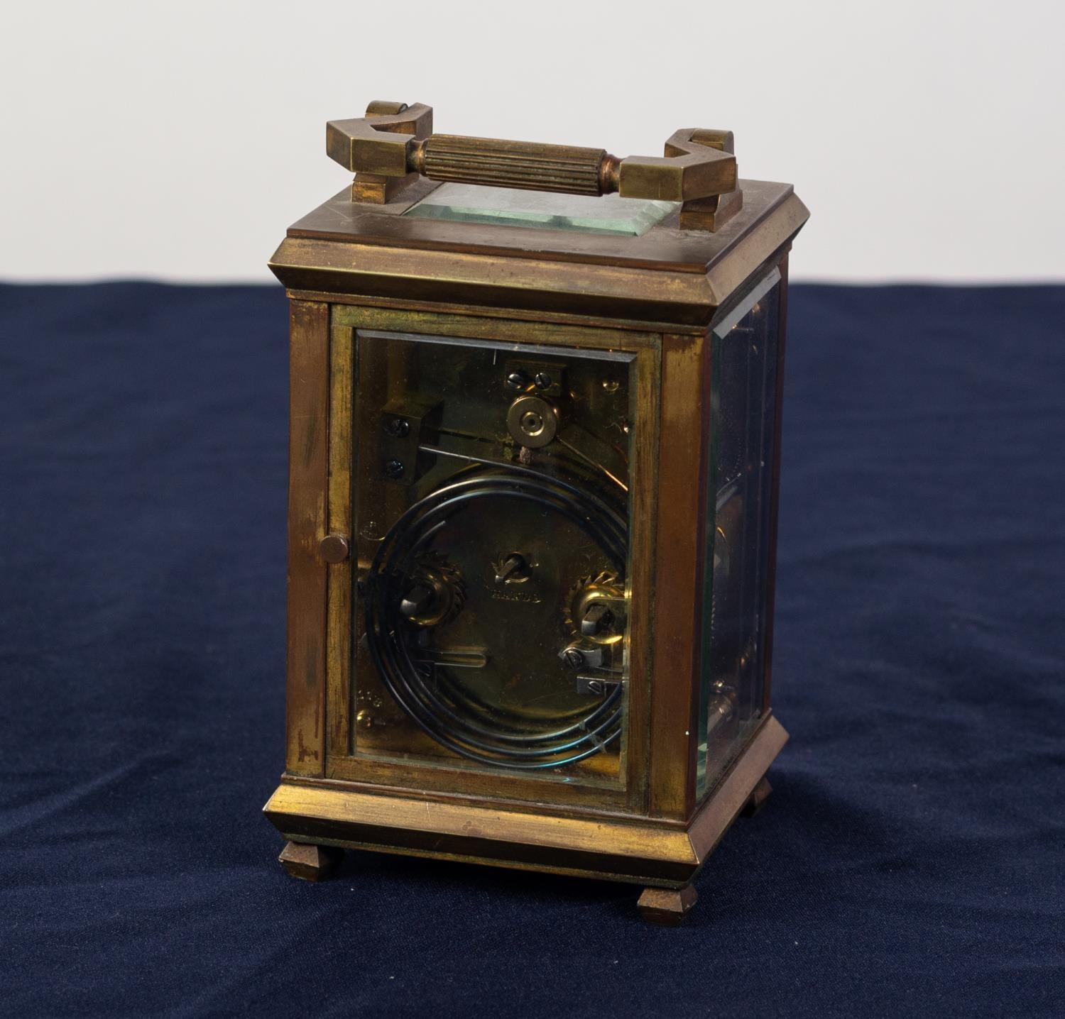 EARLY 1900s BRASS CASED CARRIAGE CLOCK, the repeater movement striking on a coiled gong, the white - Image 2 of 3