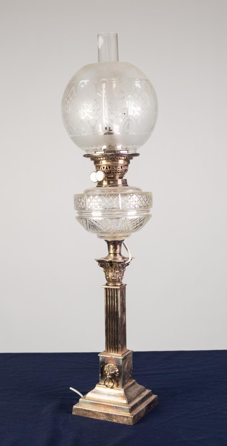 ELECTROPLATED CORINTHIAN COLUMN OIL TABLE LAMP, of square form with captive lion mask ring handles