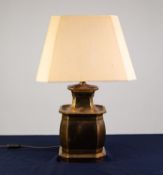 MODERN GILT METAL ELECTRIC TABLE LAMP, of square, canted form with cream fabric shade, 25? (63.5m)