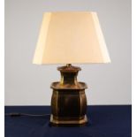 MODERN GILT METAL ELECTRIC TABLE LAMP, of square, canted form with cream fabric shade, 25? (63.5m)