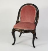 VICTORIAN BLACK LACQUERED, GILT PAINTED AND MOTHER OF PEARL INLAID SPOON BACK OCCASIONAL CHAIR,