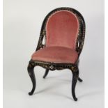 VICTORIAN BLACK LACQUERED, GILT PAINTED AND MOTHER OF PEARL INLAID SPOON BACK OCCASIONAL CHAIR,