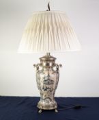 ELABORATE BLUE AND WHITE DELFT VASE SHAPE TABLE LAMP painted with chinoiserie pagodas, plated