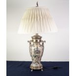 ELABORATE BLUE AND WHITE DELFT VASE SHAPE TABLE LAMP painted with chinoiserie pagodas, plated