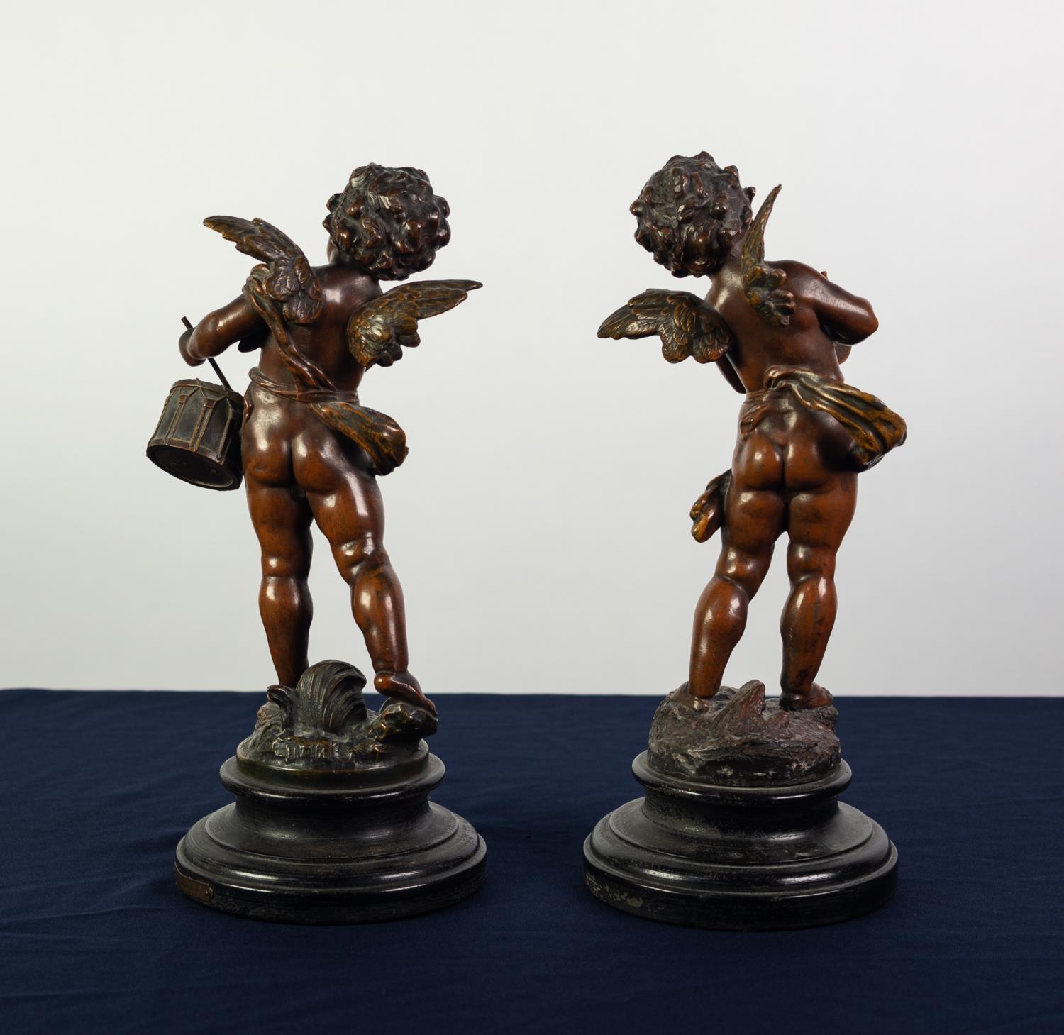 PAIR OF LATE 19th CENTURY FRENCH GOOD QUALITY BRONZED SPELTER FIGURES OF CHERUBS, one playing a - Image 2 of 2