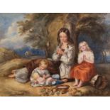 BRITISH SCHOOL (mid 19th Century) WATERCOLOUR DRAWING Young lady, two children and baby at rest in a