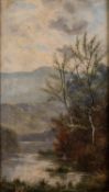 C. HILLS (20th CENTURY) OIL PAINTING ON BOARD Upland river landscape 12in x 6 3/4in (30.5 x 17cm)