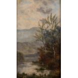 C. HILLS (20th CENTURY) OIL PAINTING ON BOARD Upland river landscape 12in x 6 3/4in (30.5 x 17cm)