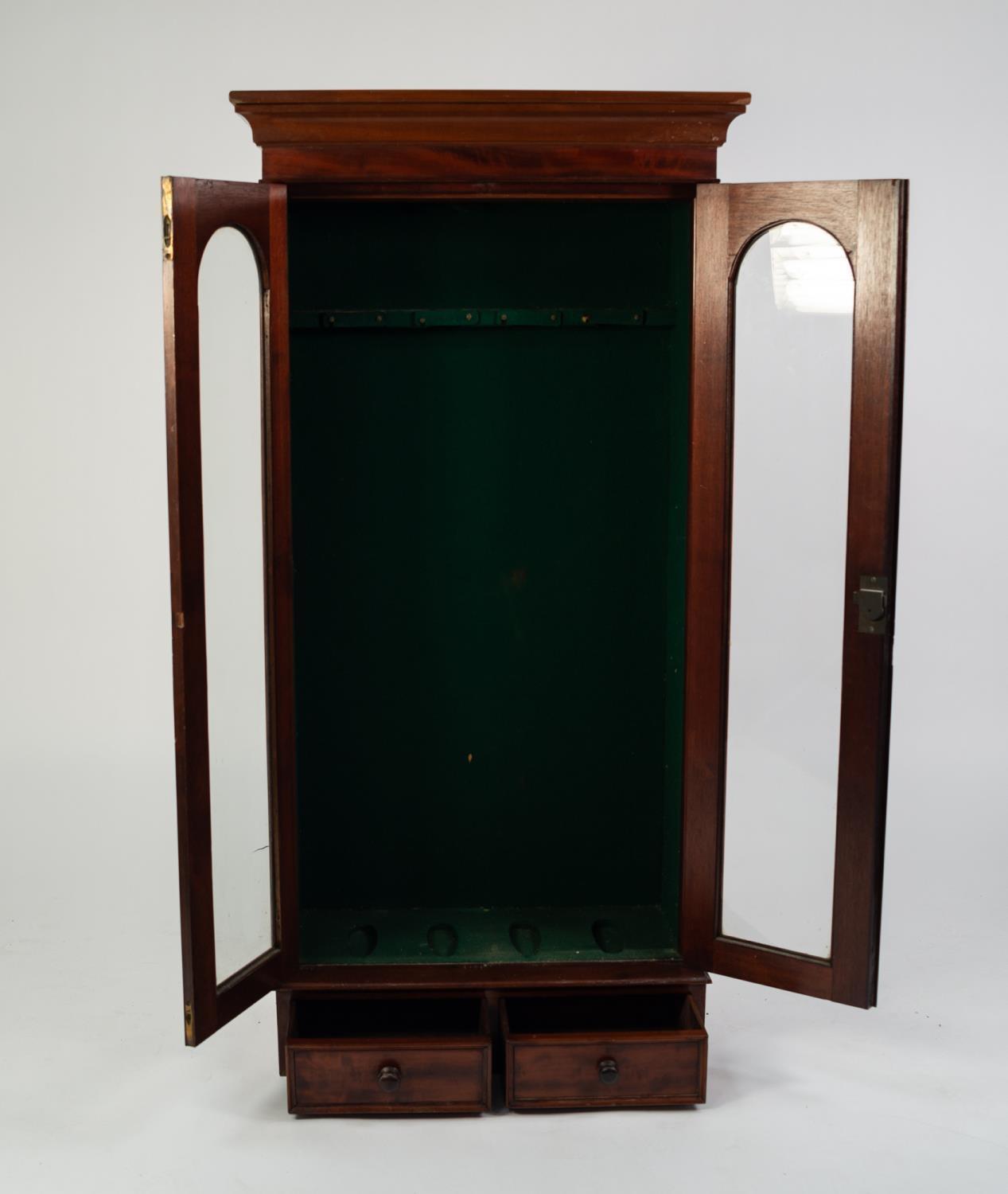 VICTORIAN AND LATER FIGURED MAHOGANY WALL MOUNTED GUN CABINET, the later oblong top and cornice - Image 2 of 2