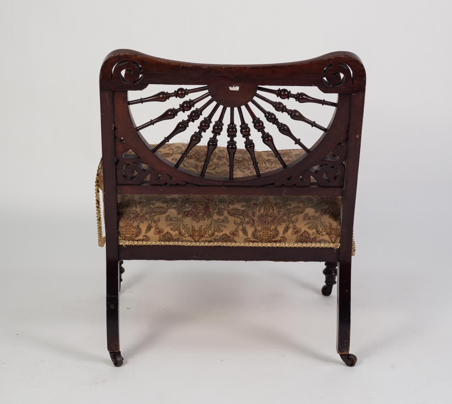 ARTS AND CRAFTS CARVED MAHOGANY AND STAINED FRUITWOOD OCCASIONAL/ NURSING CHAIR, the low back with - Image 4 of 4