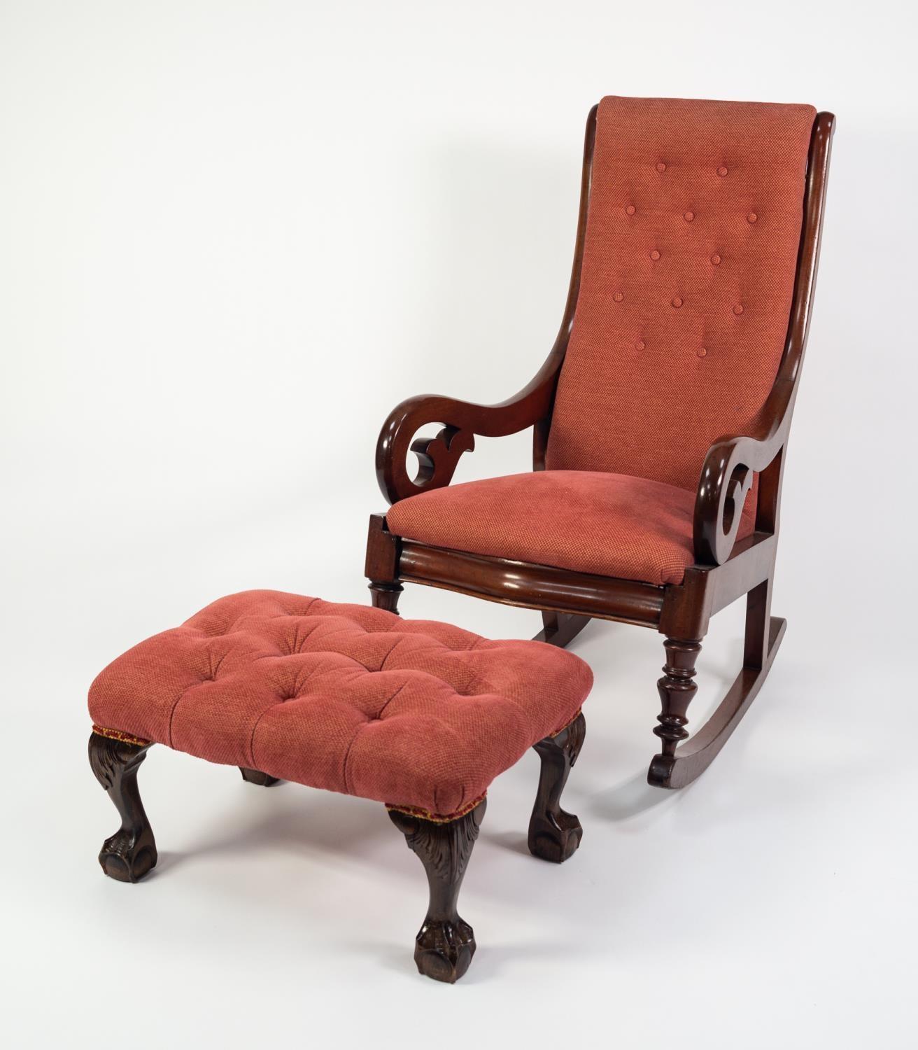 VICTORIAN MAHOGANY ROCKING CHAIR, the moulded show wood frame with buttoned, padded back and