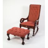VICTORIAN MAHOGANY ROCKING CHAIR, the moulded show wood frame with buttoned, padded back and