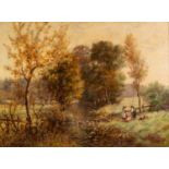 NORMAN M MACDOUGALL (1852 - 1939) OIL PAINTING ON CANVAS Landscape with figures beside a stream