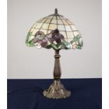 MODERN TIFFANY STYLE BRONZED COMPOSITION ELECTRIC TABLE LAMP AND SHADE, of typical form with