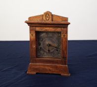 SMALL, EARLY 20th CENTURY, ARTS & CRAFTS DESIGN INLAID OAK MANTEL ALARM CLOCK with 8 days spring