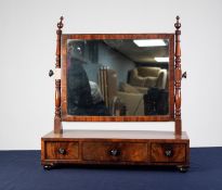 GEORGIAN FIGURED MAHOGANY AND EBONY LINE INLAID TOILET MIRROR, the oblong plate in a crossbanded