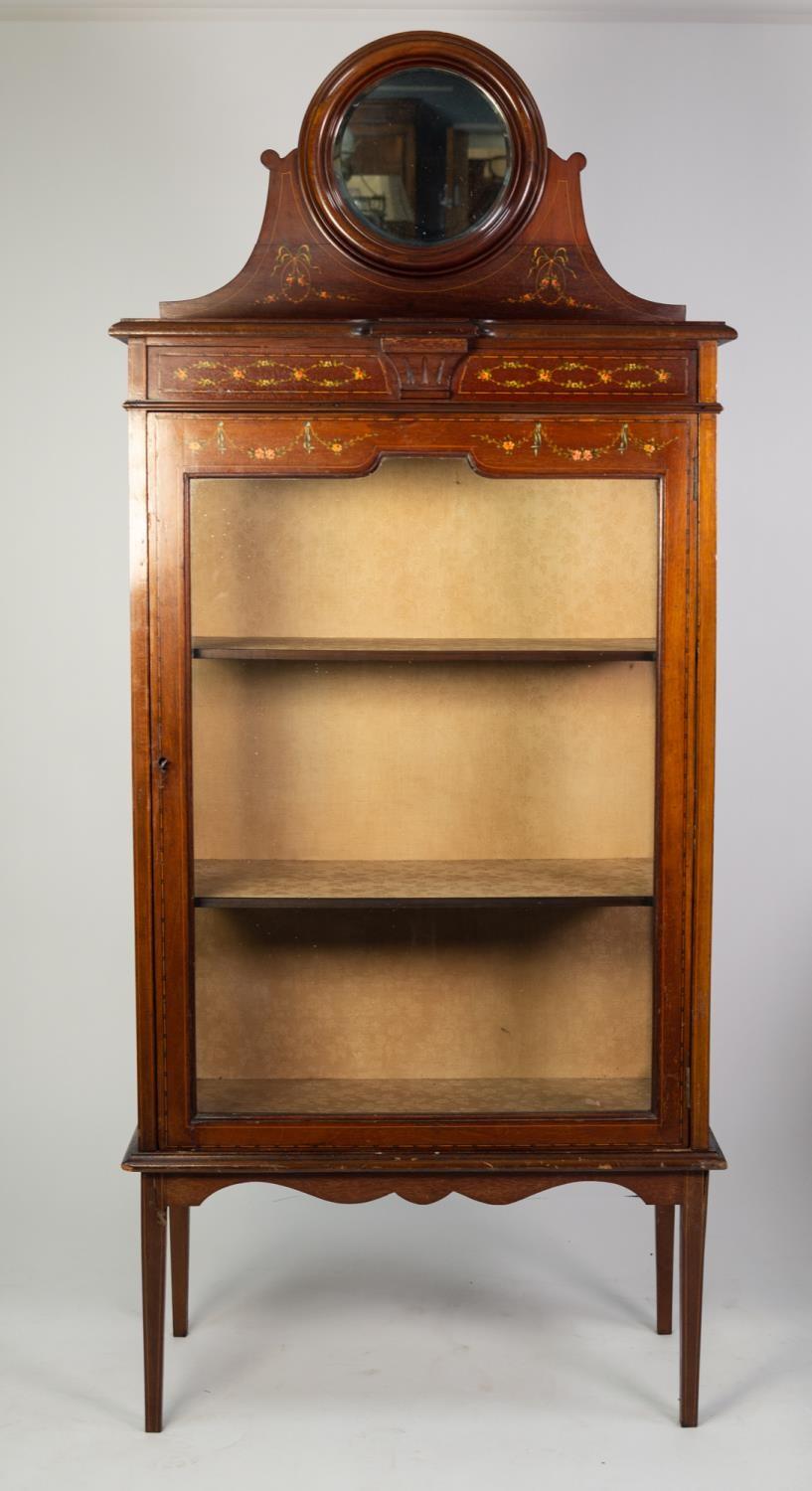 EDWARDIAN LINE INLAID AND PAINTED MAHOGANY DISPLAY CABINET, the shaped oblong top with circular,