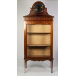 EDWARDIAN LINE INLAID AND PAINTED MAHOGANY DISPLAY CABINET, the shaped oblong top with circular,