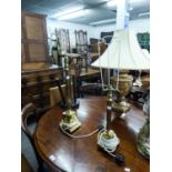 GRADUATED PAIR OF CLASSICAL STYLE GILT METAL MODERN  TABLE LAMPS WITH REEDED COLUMNS AND STEPPED