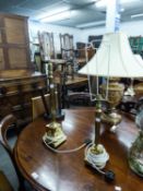 GRADUATED PAIR OF CLASSICAL STYLE GILT METAL MODERN  TABLE LAMPS WITH REEDED COLUMNS AND STEPPED
