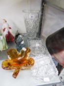 A FOUR PIECE CUT GLASS DRESSING TABLE SET, A LARGE CUT GLASS VASE (A.F.), A GLASS DOLPHIN