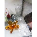 A FOUR PIECE CUT GLASS DRESSING TABLE SET, A LARGE CUT GLASS VASE (A.F.), A GLASS DOLPHIN
