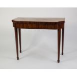 GEORGE III LINE INLAID AND CROSSBANDED MAHOGANY CARD TABLE, the fold over oblong top with broadly