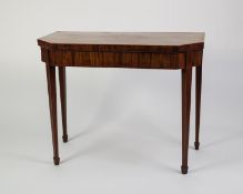 GEORGE III LINE INLAID AND CROSSBANDED MAHOGANY CARD TABLE, the fold over oblong top with broadly