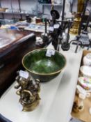 CHINESE GREEN CLOISONNE ENAMELLED CIRCULAR BOWL, 7" high; BRASS FIGURE OF THE ELEPHANT HEAD DEITY