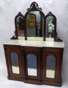 VICTORIAN FIGURED WALNUT AND WHITE VEINED MARBLE CHIFFONIER, the triple arch topped mirrored back
