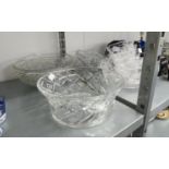 FOUR HEAVY GLASS FRUIT BOWLS AND AN ETCHED DESERT BOWL AND FIVE MATCHING DISHES (10)