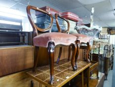 A PAIR OF VICTORIAN MAHOGANY BALLOON BACKED SINGLE CHAIRS WITH FRENCH CABRIOLE FRONT SUPPORTS