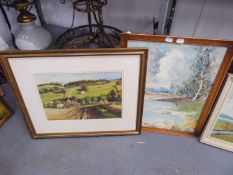 FOUR OIL PAINTINGS B. THORNTON Landscape with church in the distance THREE UNATTRIBUTED Crofter?s