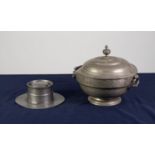 LATE 18th CENTURY/EARLY 19th CENTURY CONTINENTAL PEWTER COVERED BOWL, with swing carrying handles,